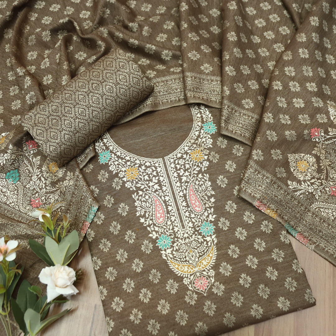 Shantipriya Coffee Brown Zari Woven Semi Pashmina Winter Set