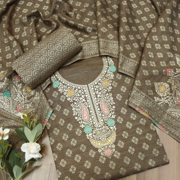 Shantipriya Coffee Brown Zari Woven Semi Pashmina Winter Set