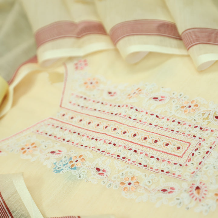 Chandni Butter Yellow Thread Embroidered Neck with Print Cotton Linen Set