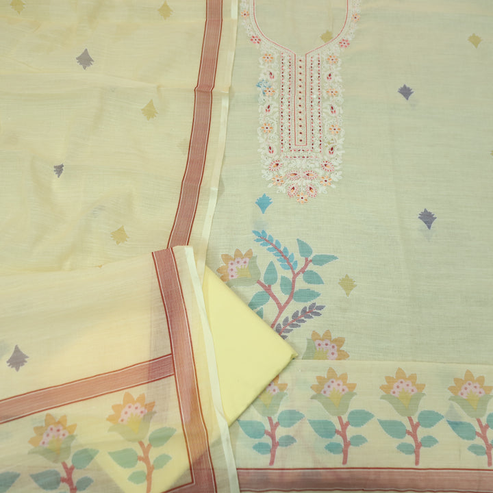 Chandni Butter Yellow Thread Embroidered Neck with Print Cotton Linen Set