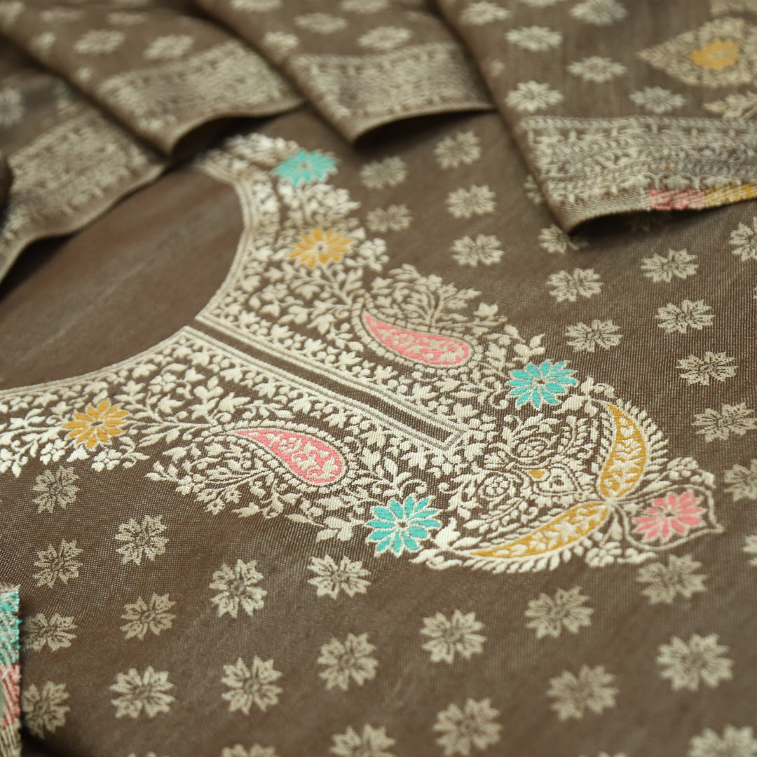 Shantipriya Coffee Brown Zari Woven Semi Pashmina Winter Set