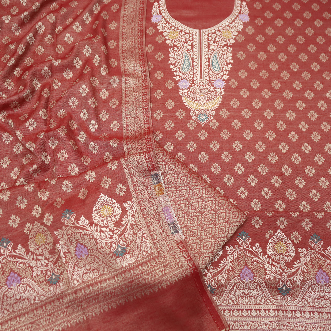 Shantipriya Bride Red Zari Woven Semi Pashmina Winter Set