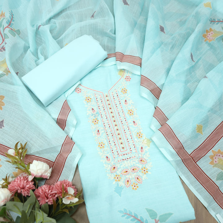 Chandni Powder Blue Thread Embroidered Neck with Print Cotton Linen Set