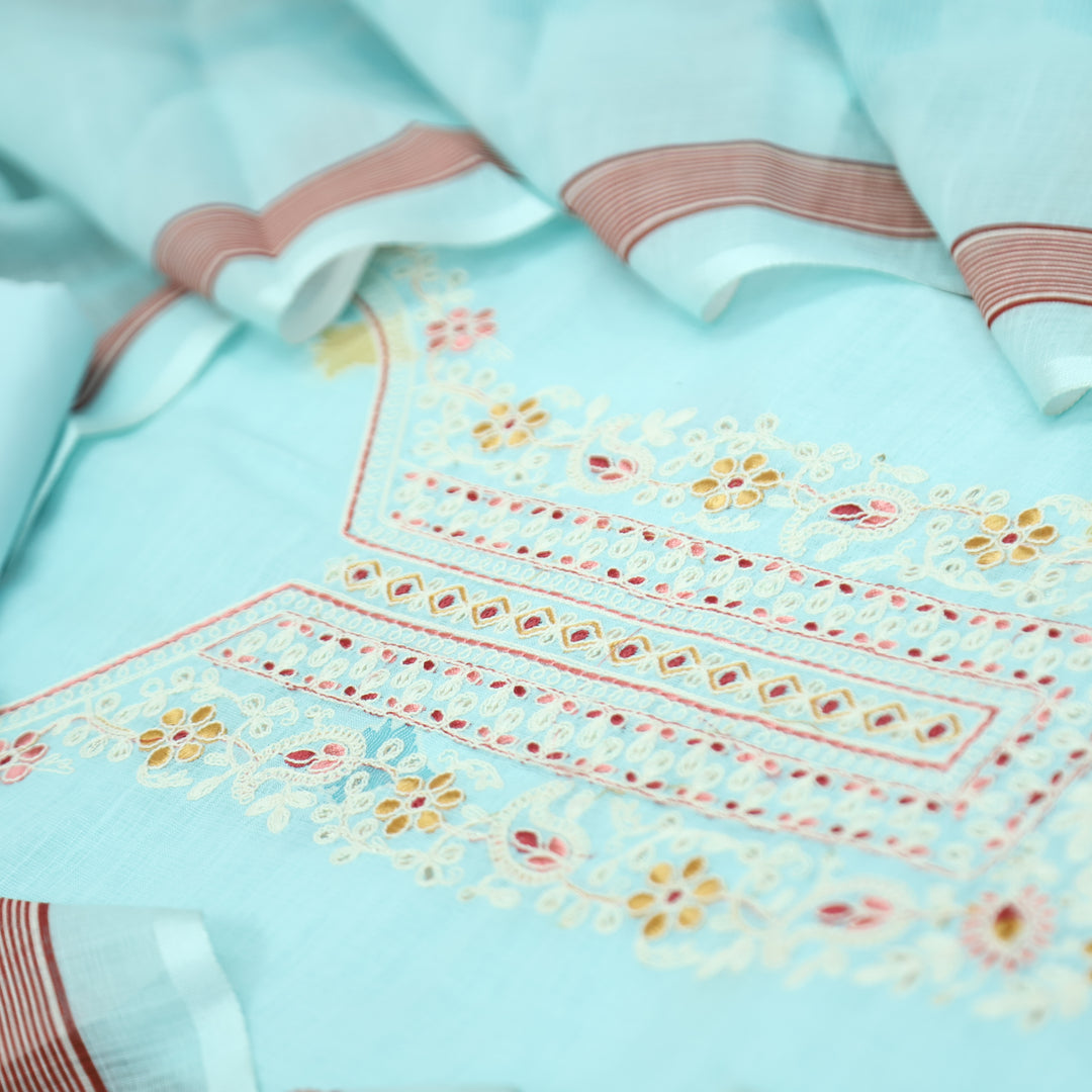 Chandni Powder Blue Thread Embroidered Neck with Print Cotton Linen Set