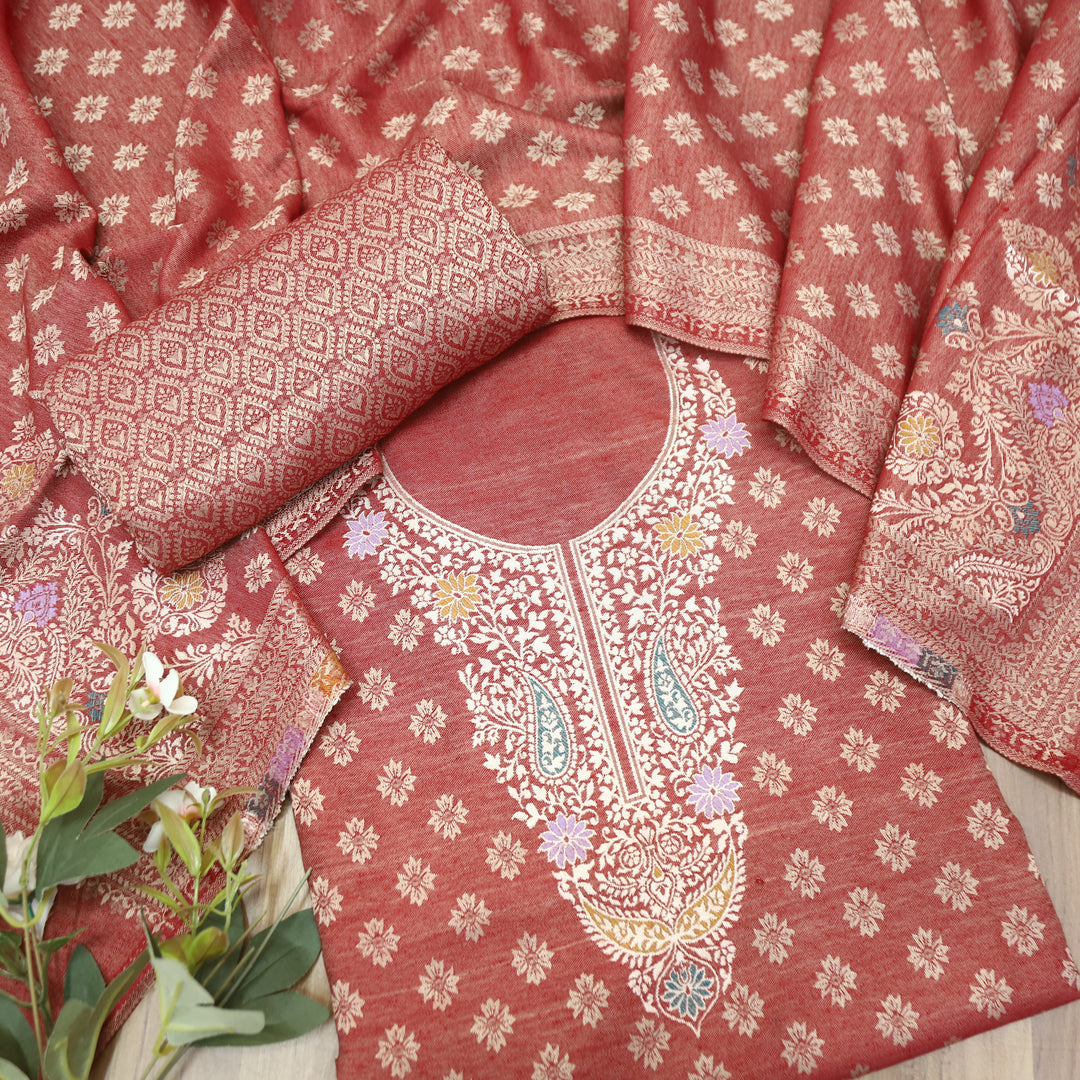 Shantipriya Bride Red Zari Woven Semi Pashmina Winter Set