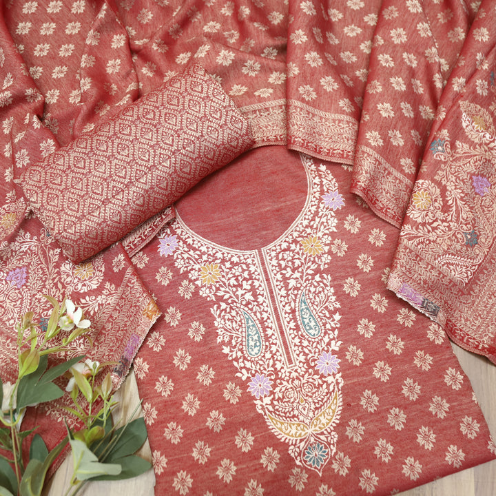 Shantipriya Bride Red Zari Woven Semi Pashmina Winter Set