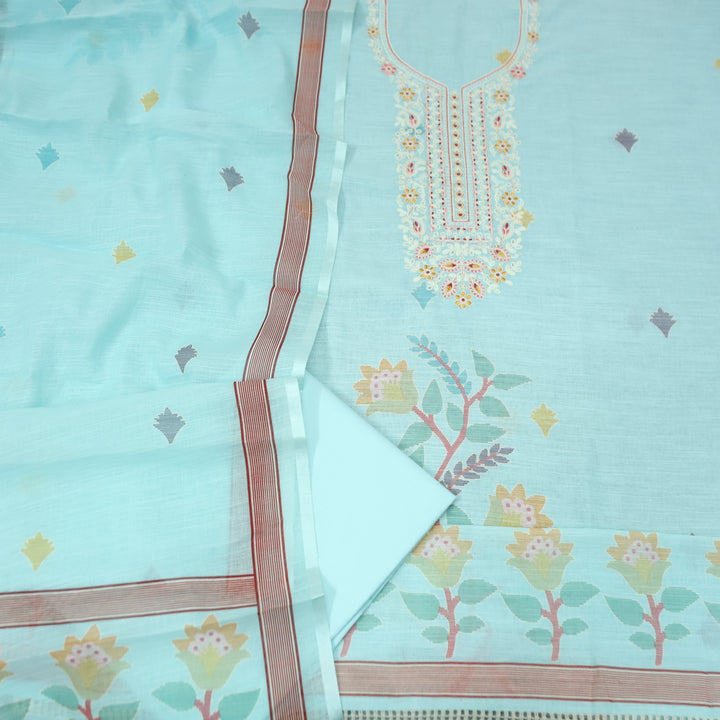 Chandni Powder Blue Thread Embroidered Neck with Print Cotton Linen Set