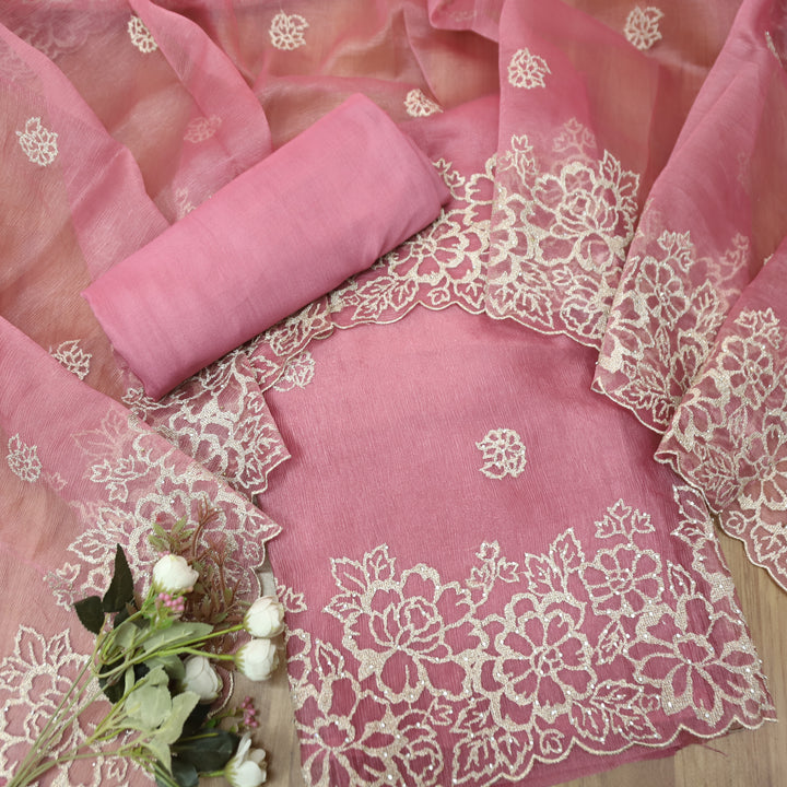 Ananya Mauve Pink Cut Work with Zari and Stone Work Crinkle Organza Suit Set