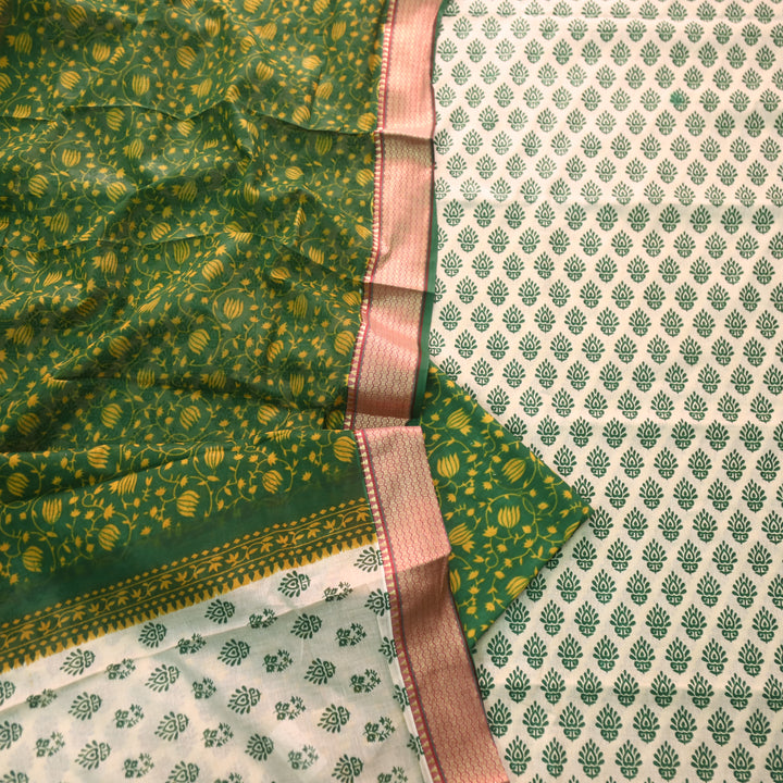 Lagauni Off Beige Printed Work With Green Mangalgiri Hem Cotton Suit Set