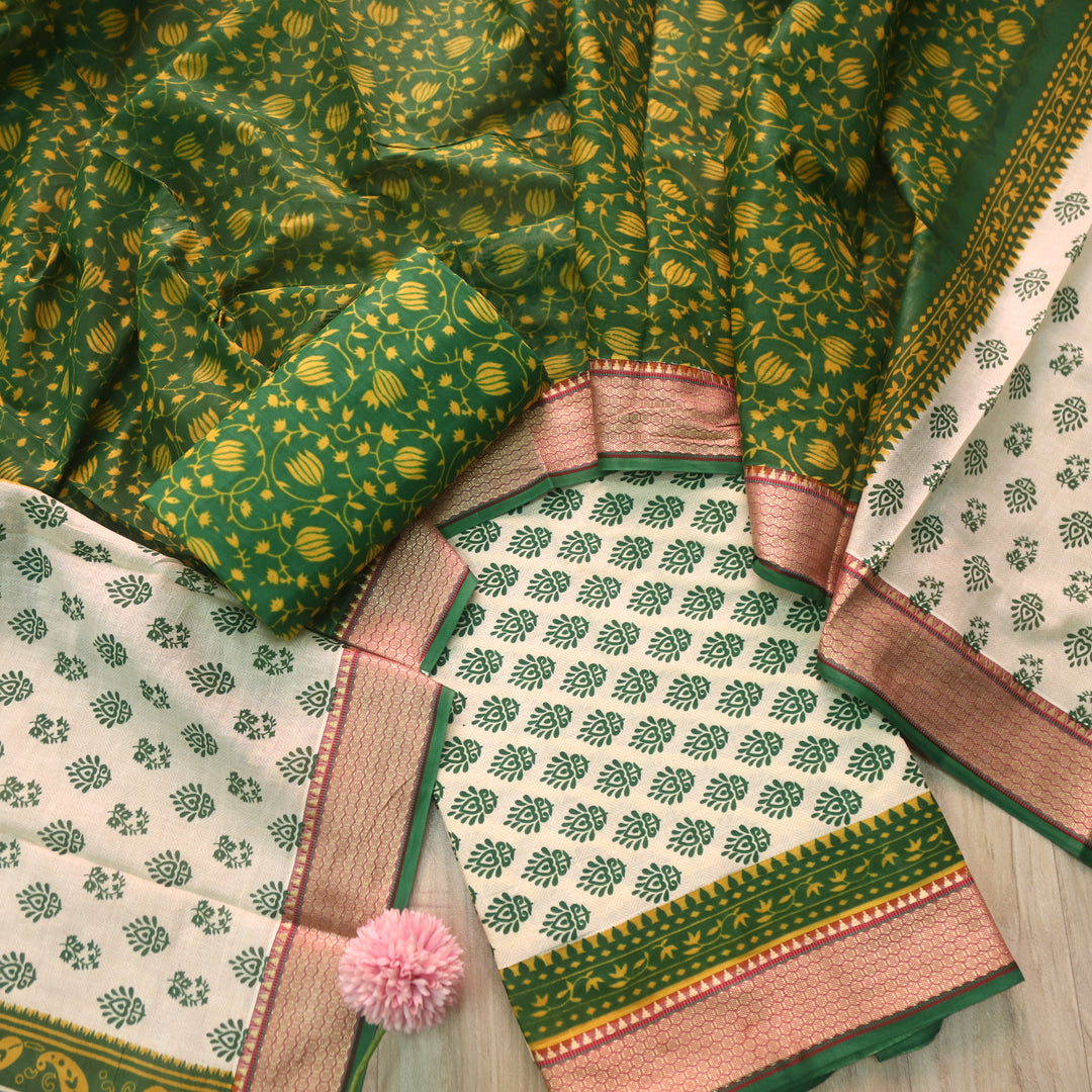 Lagauni Off Beige Printed Work With Green Mangalgiri Hem Cotton Suit Set