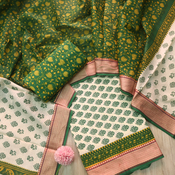 Lagauni Off Beige Printed Work With Green Mangalgiri Hem Cotton Suit Set