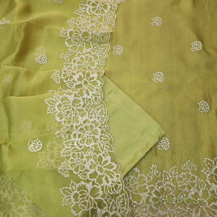 Ananya Olive Green Cut Work with Zari and Stone Work Crinkle Organza Suit Set