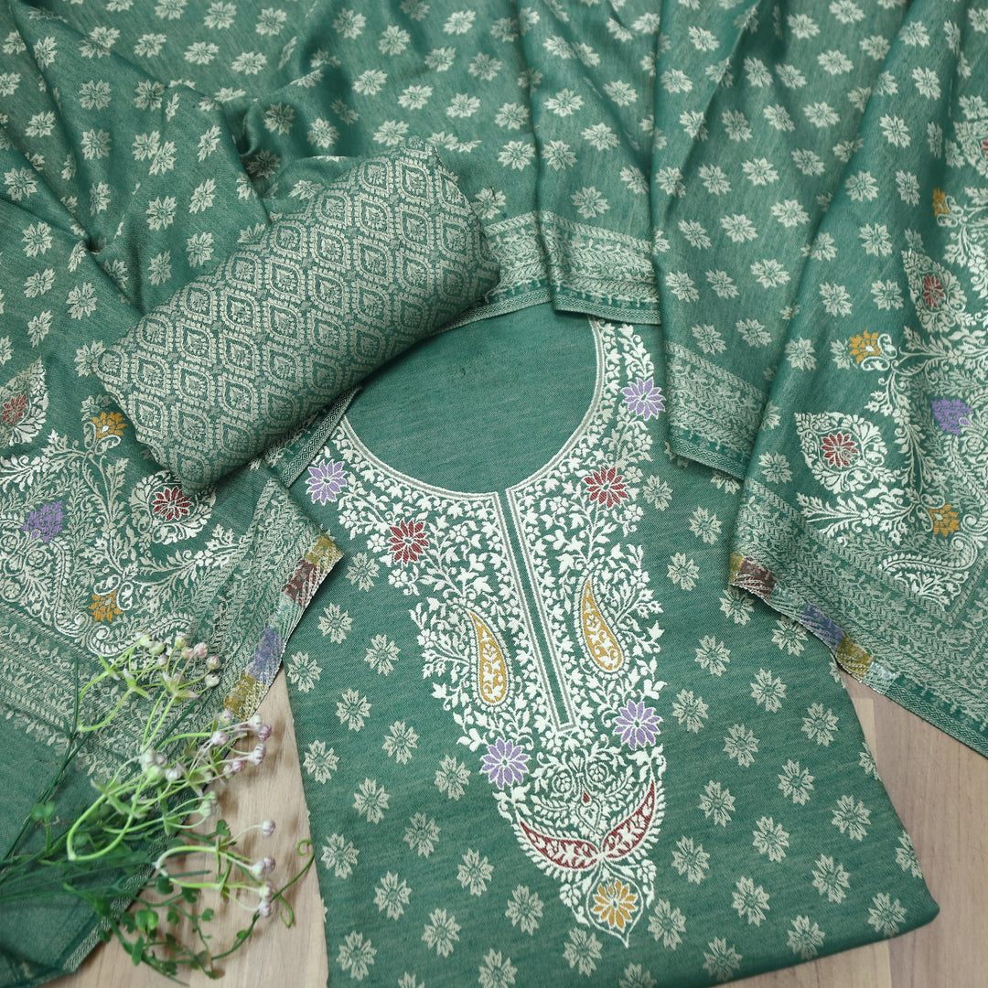 Shantipriya Emerlad Green Zari Woven Semi Pashmina Winter Set