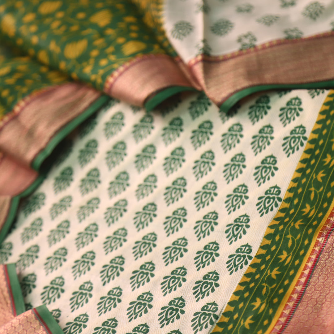 Lagauni Off Beige Printed Work With Green Mangalgiri Hem Cotton Suit Set