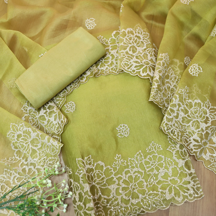 Ananya Olive Green Cut Work with Zari and Stone Work Crinkle Organza Suit Set