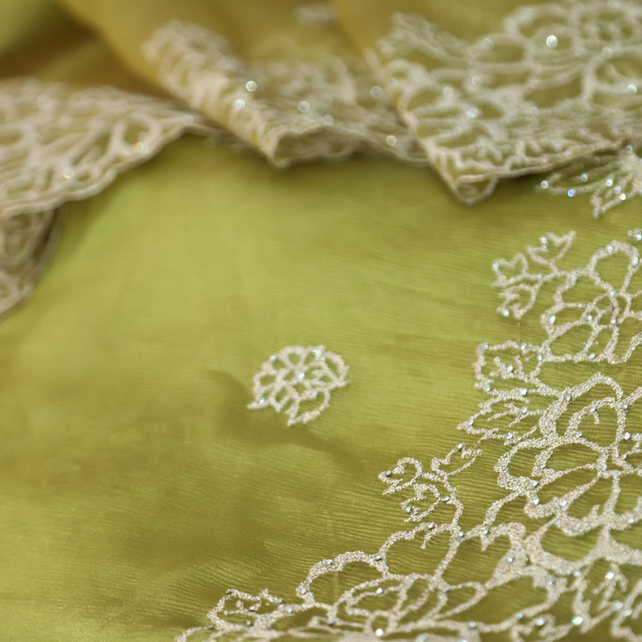 Ananya Olive Green Cut Work with Zari and Stone Work Crinkle Organza Suit Set