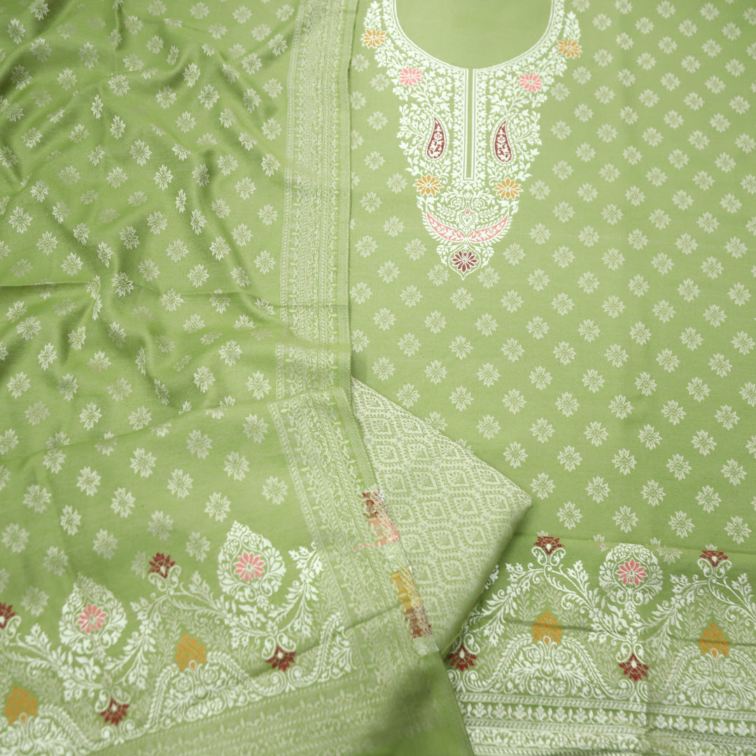 Shantipriya Leaf Green Zari Woven Semi Pashmina Winter Set