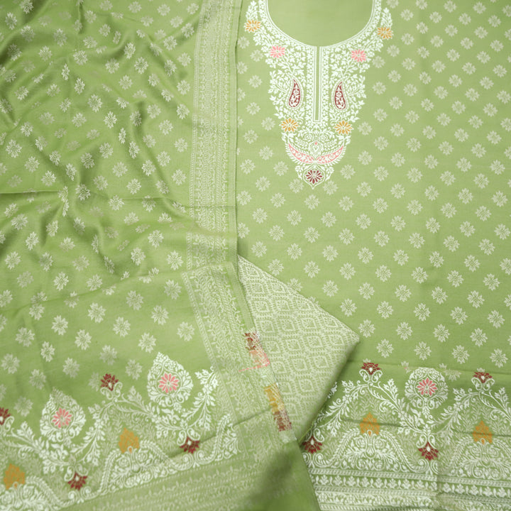 Shantipriya Leaf Green Zari Woven Semi Pashmina Winter Set