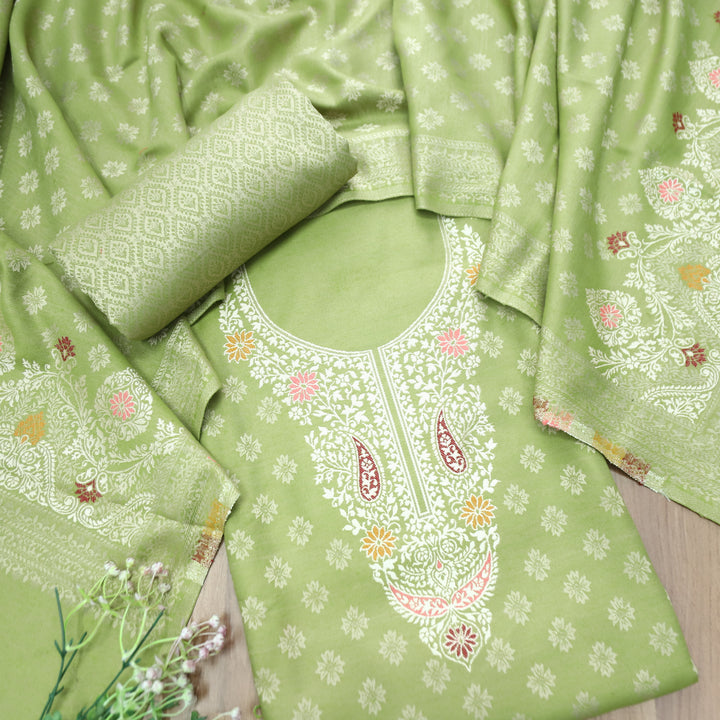 Shantipriya Leaf Green Zari Woven Semi Pashmina Winter Set
