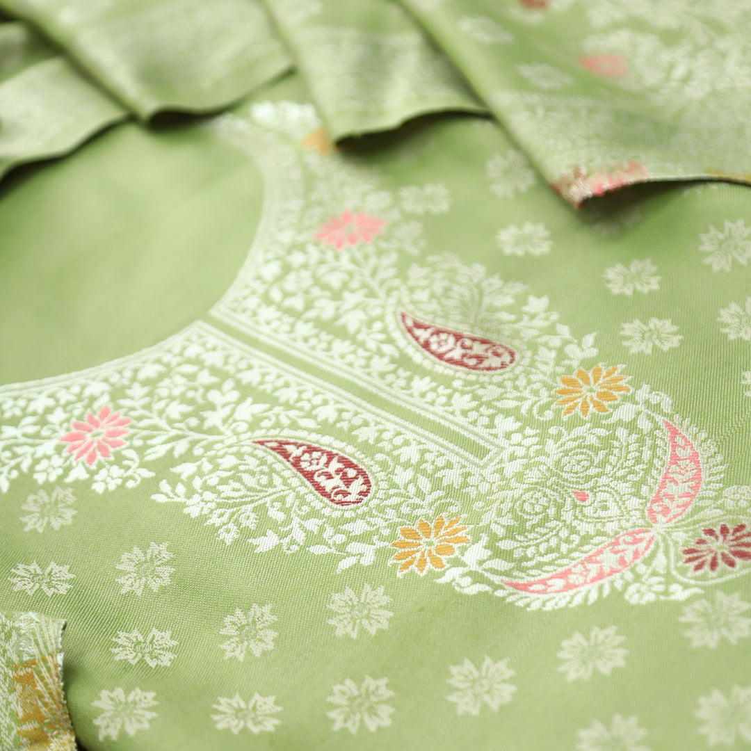 Shantipriya Leaf Green Zari Woven Semi Pashmina Winter Set