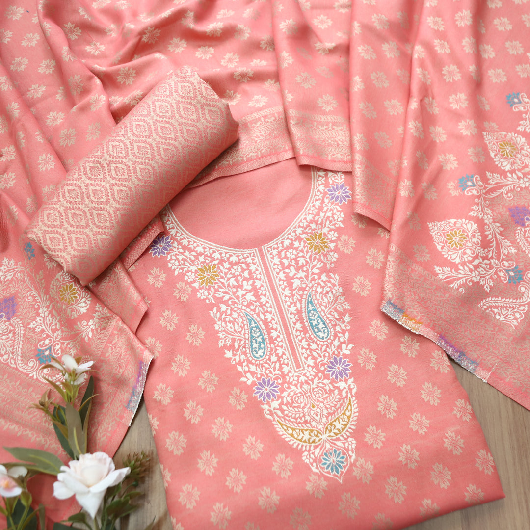 Shantipriya Coral Peach Zari Woven Semi Pashmina Winter Set