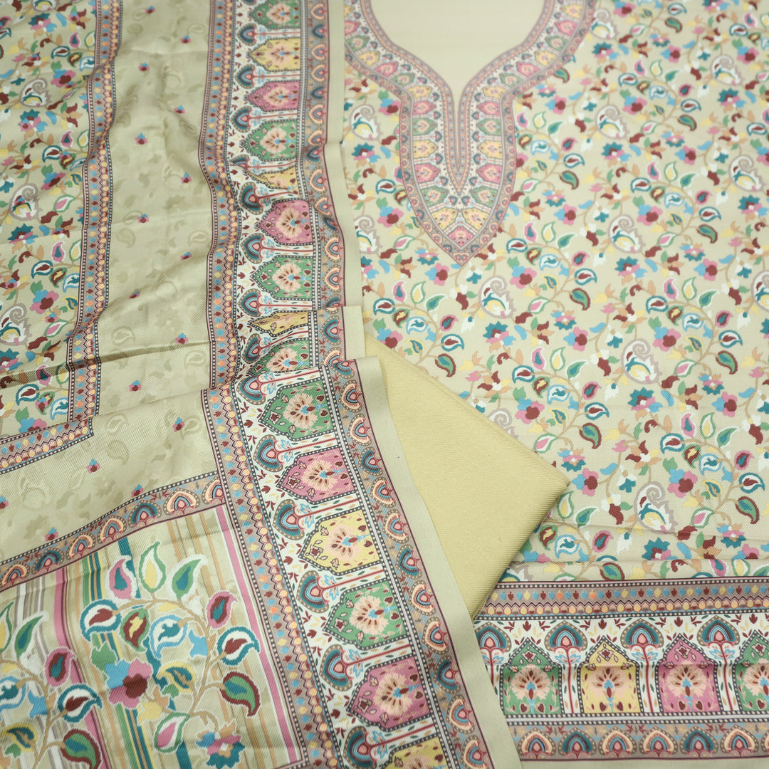 Mehbooba Buttermilk Yellow Kanni Floral Printed Semi Pashmina Winter Set
