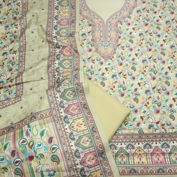 Mehbooba Buttermilk Yellow Kanni Floral Printed Semi Pashmina Winter Set