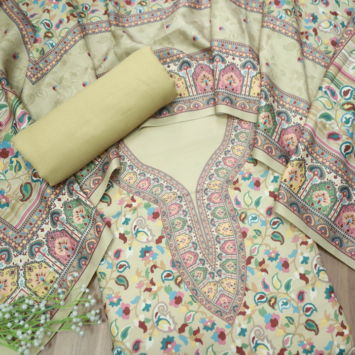 Mehbooba Buttermilk Yellow Kanni Floral Printed Semi Pashmina Winter Set