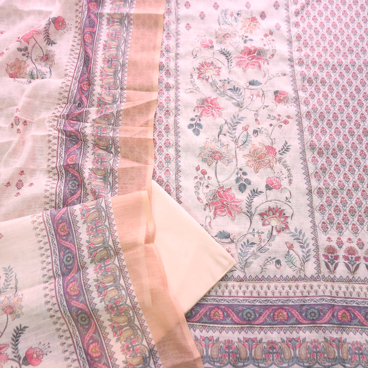 Chandni Soft Coral Panel Digital Floral Printed with Zari Work Cotton Linen Set
