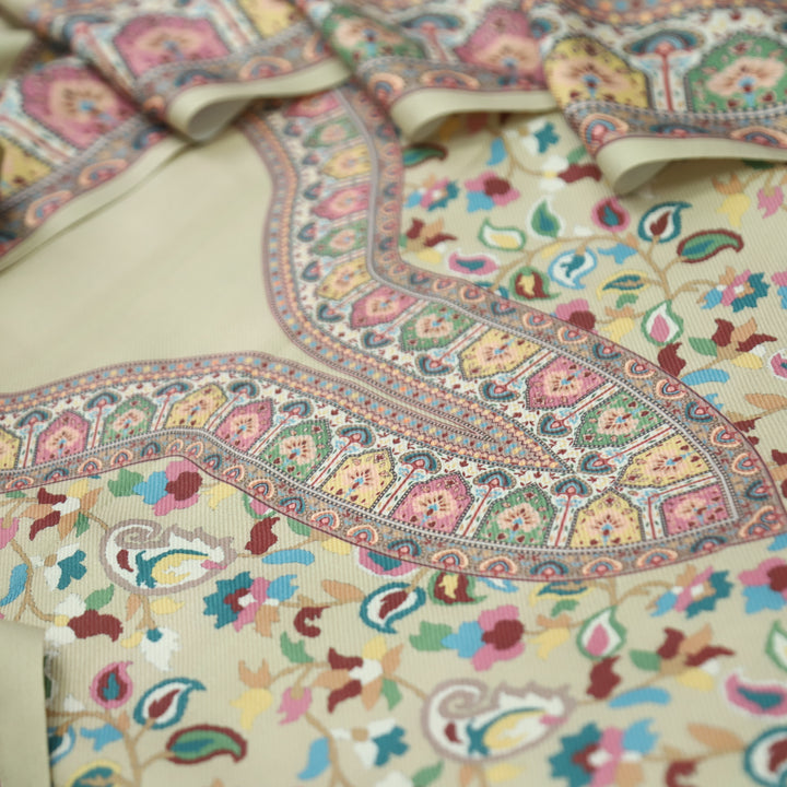 Mehbooba Buttermilk Yellow Kanni Floral Printed Semi Pashmina Winter Set