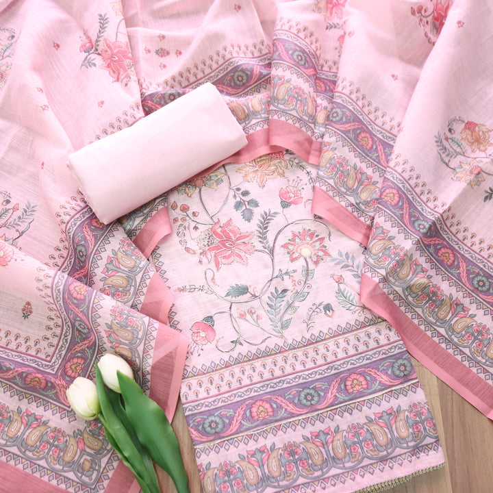 Chandni Soft Pink Panel Digital Floral Printed with Zarti Work Cotton Linen Set