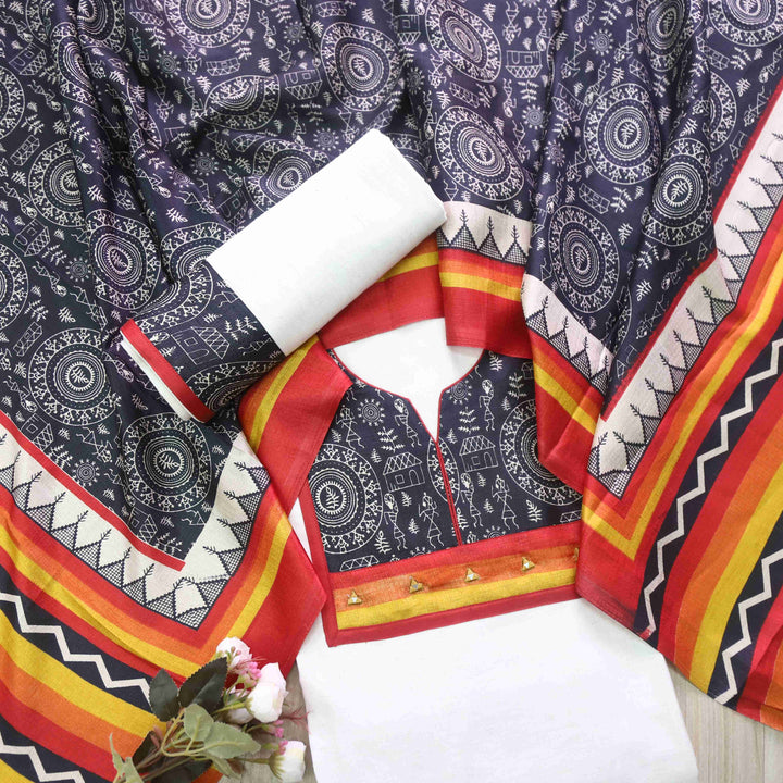Rukshat Shell White Patch Neck with Mirror Work Cotton Suit Set