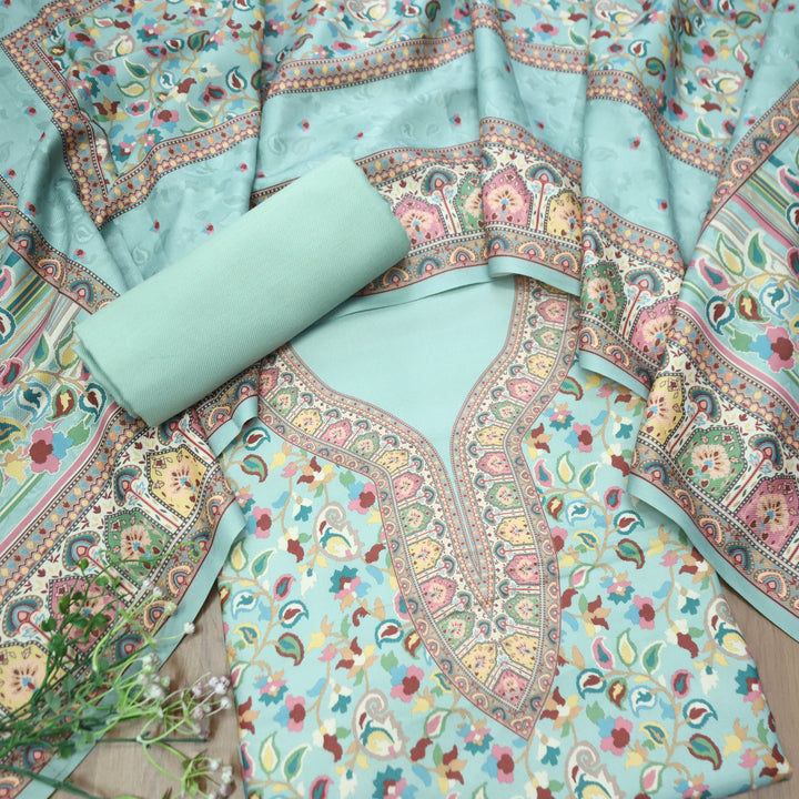 Mehbooba Powder Blue Kanni Floral Printed Semi Pashmina Winter Set
