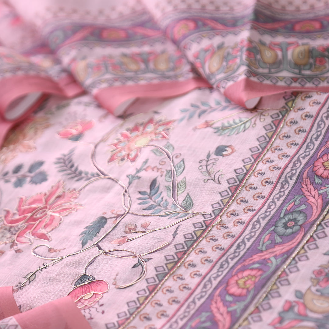 Chandni Soft Pink Panel Digital Floral Printed with Zarti Work Cotton Linen Set