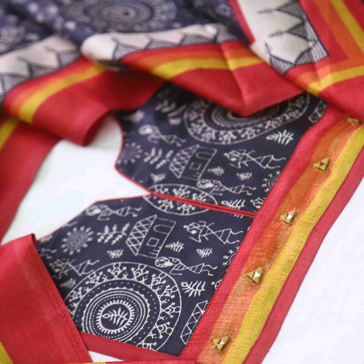 Rukshat Shell White Patch Neck with Mirror Work Cotton Suit Set