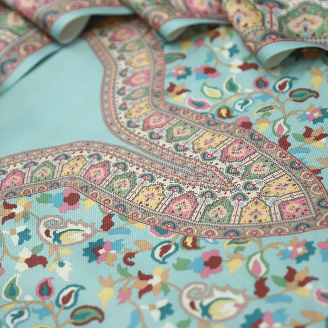 Mehbooba Powder Blue Kanni Floral Printed Semi Pashmina Winter Set