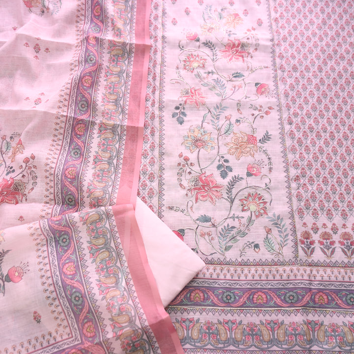 Chandni Soft Pink Panel Digital Floral Printed with Zarti Work Cotton Linen Set