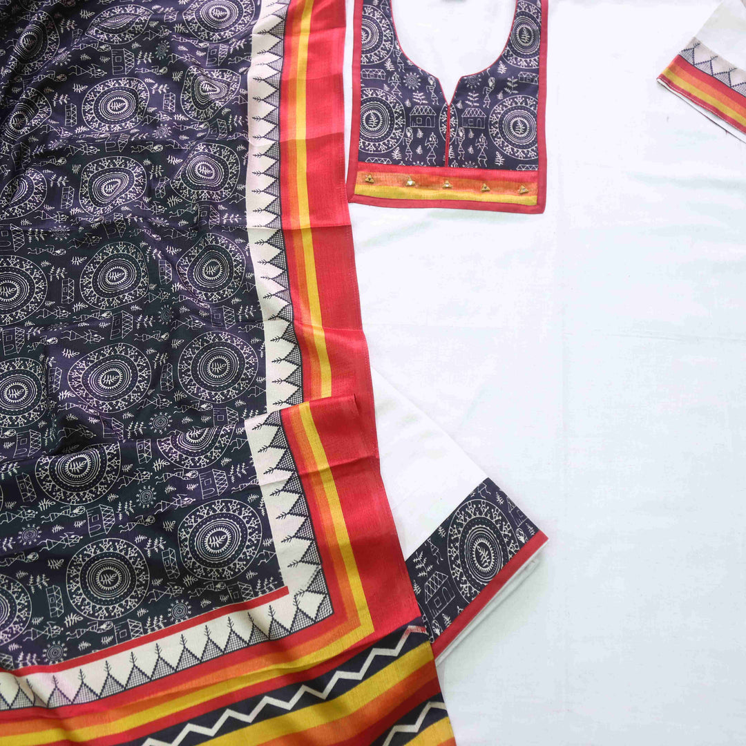 Rukshat Shell White Patch Neck with Mirror Work Cotton Suit Set