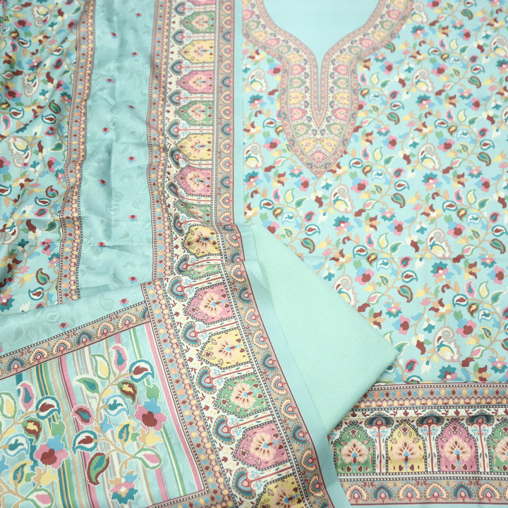 Mehbooba Powder Blue Kanni Floral Printed Semi Pashmina Winter Set