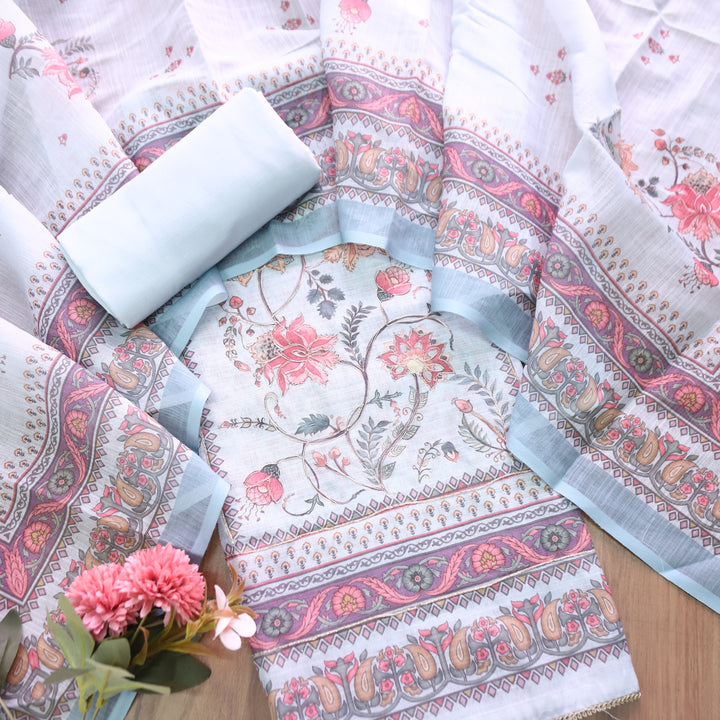 Chandni Pastel Blue Panel Digital Floral Printed with Zarti Work Cotton Linen Set
