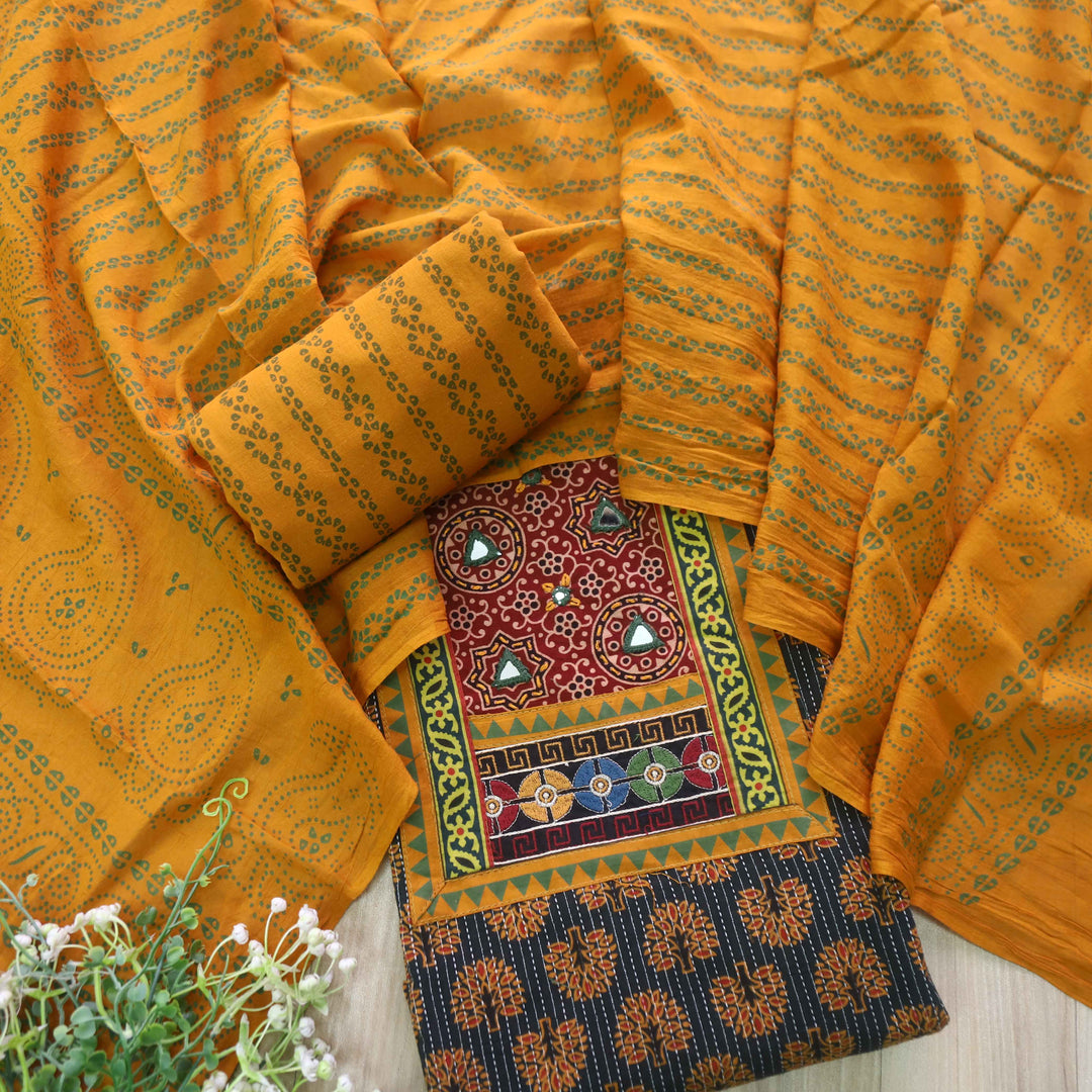 Ruhani Leaf Green Ajrak Print Mirror Work Neck Cotton Suit Set