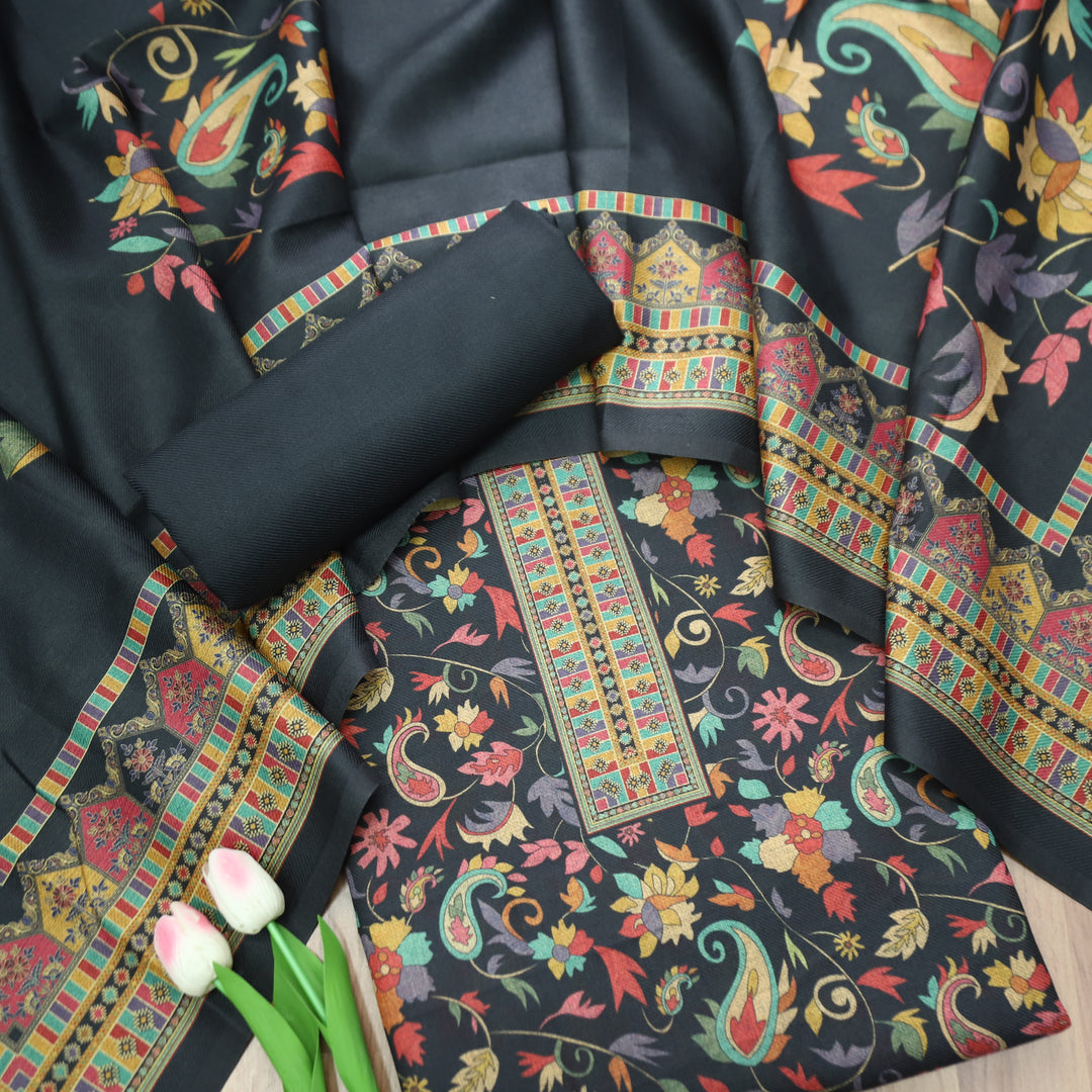 Rashmika Oil Black Kanni Floral Printed Semi Pashmina Winter Set