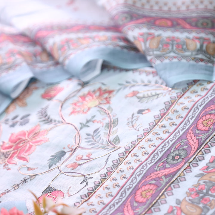 Chandni Pastel Blue Panel Digital Floral Printed with Zarti Work Cotton Linen Set