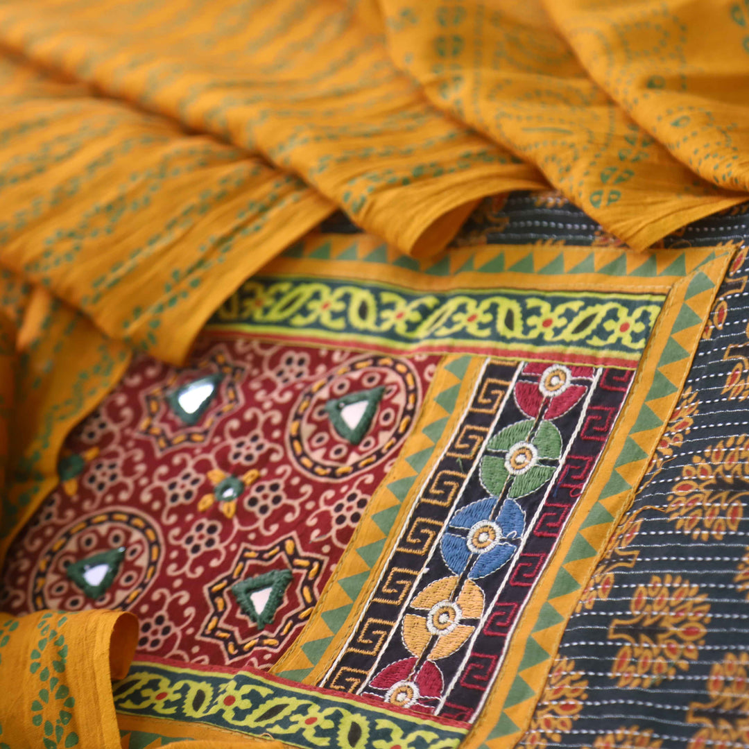 Ruhani Leaf Green Ajrak Print Mirror Work Neck Cotton Suit Set