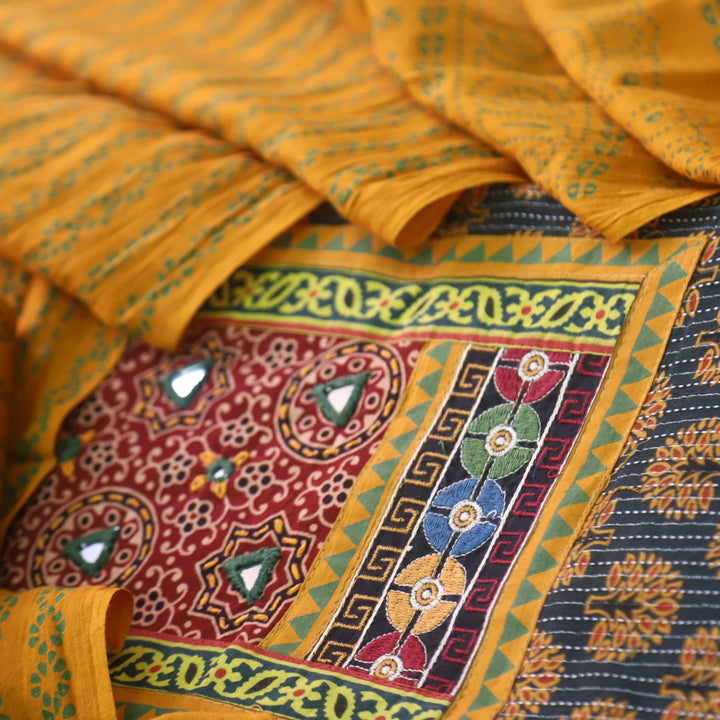 Ruhani Leaf Green Ajrak Print Mirror Work Neck Cotton Suit Set