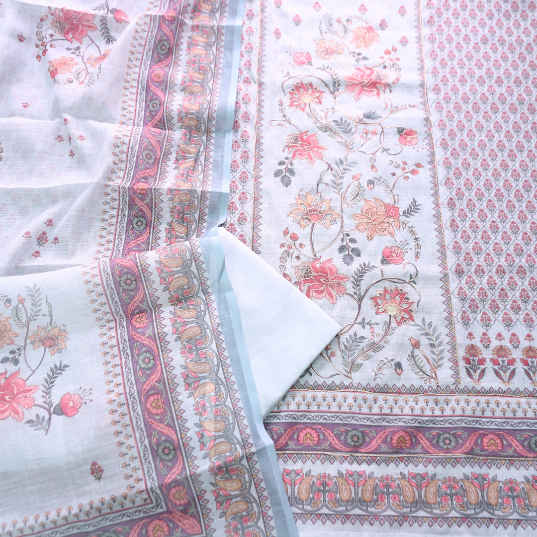 Chandni Pastel Blue Panel Digital Floral Printed with Zarti Work Cotton Linen Set