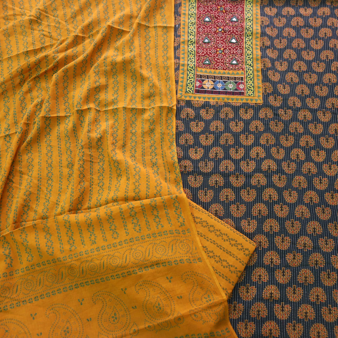 Ruhani Leaf Green Ajrak Print Mirror Work Neck Cotton Suit Set