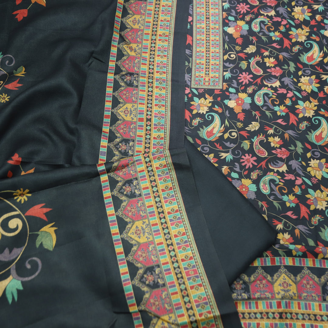 Rashmika Oil Black Kanni Floral Printed Semi Pashmina Winter Set