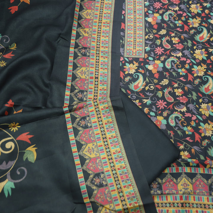 Rashmika Oil Black Kanni Floral Printed Semi Pashmina Winter Set