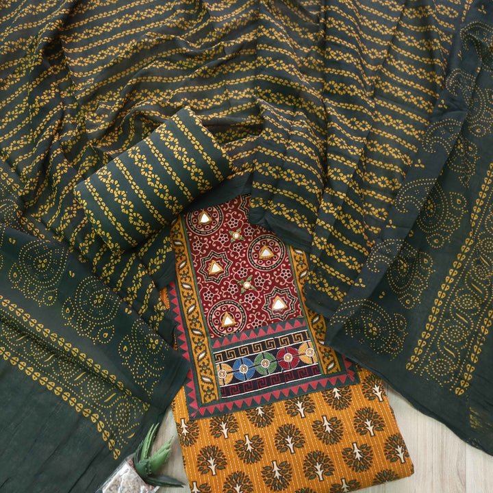 Ruhani Corn Yellow Ajrak Print Mirror Work Neck Cotton Suit Set